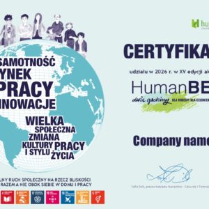 Certyfikat udziału w akcji HumanBe – Dwie Godziny Dla Rodziny / Dla Człowieka